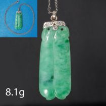 CARVED JADE AND DIAMOND PENDANT WITH NECKLACE