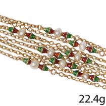 FINE ENAMEL AND PEARL LONG GUARD CHAIN