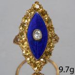 UNUSUAL ANTIQUE YELLOW SAPPHIRE DIAMOND AND ENAMEL RING