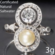 BELLE EPOQUE CERTIFICATED NATURAL SALTWATER PEARL AND DIAMOND RING