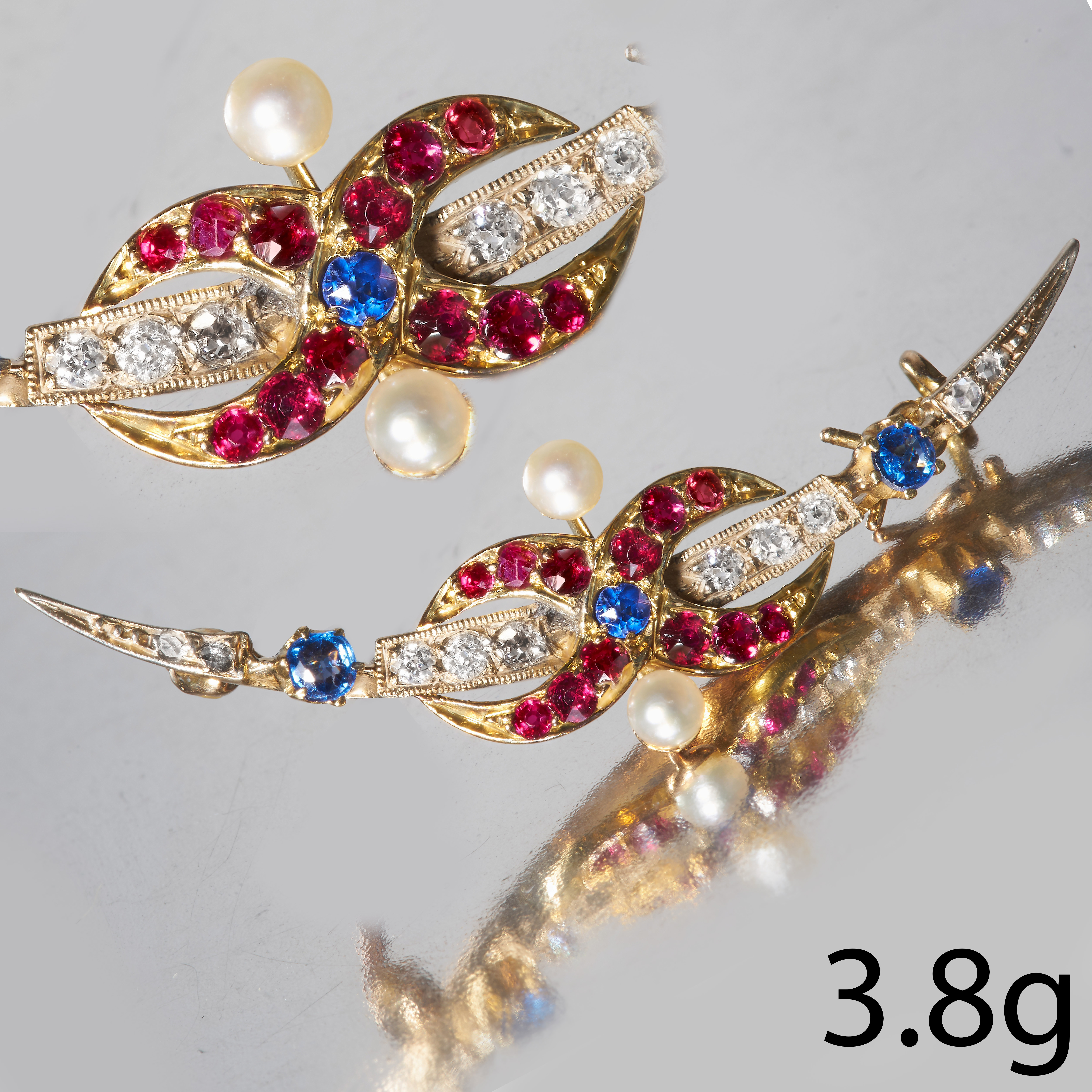 BELLE EPOQUE SAPPHIRE RUBY DIAMOND AND PEARL CRESCENT GOLD BROOCH