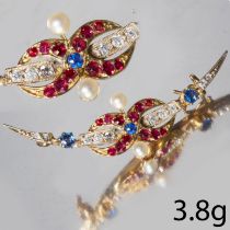 BELLE EPOQUE SAPPHIRE RUBY DIAMOND AND PEARL CRESCENT GOLD BROOCH