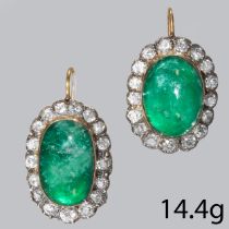 PAIR OF ANTIQUE EMERALD AND DIAMOND CLUSTER EARRINGS