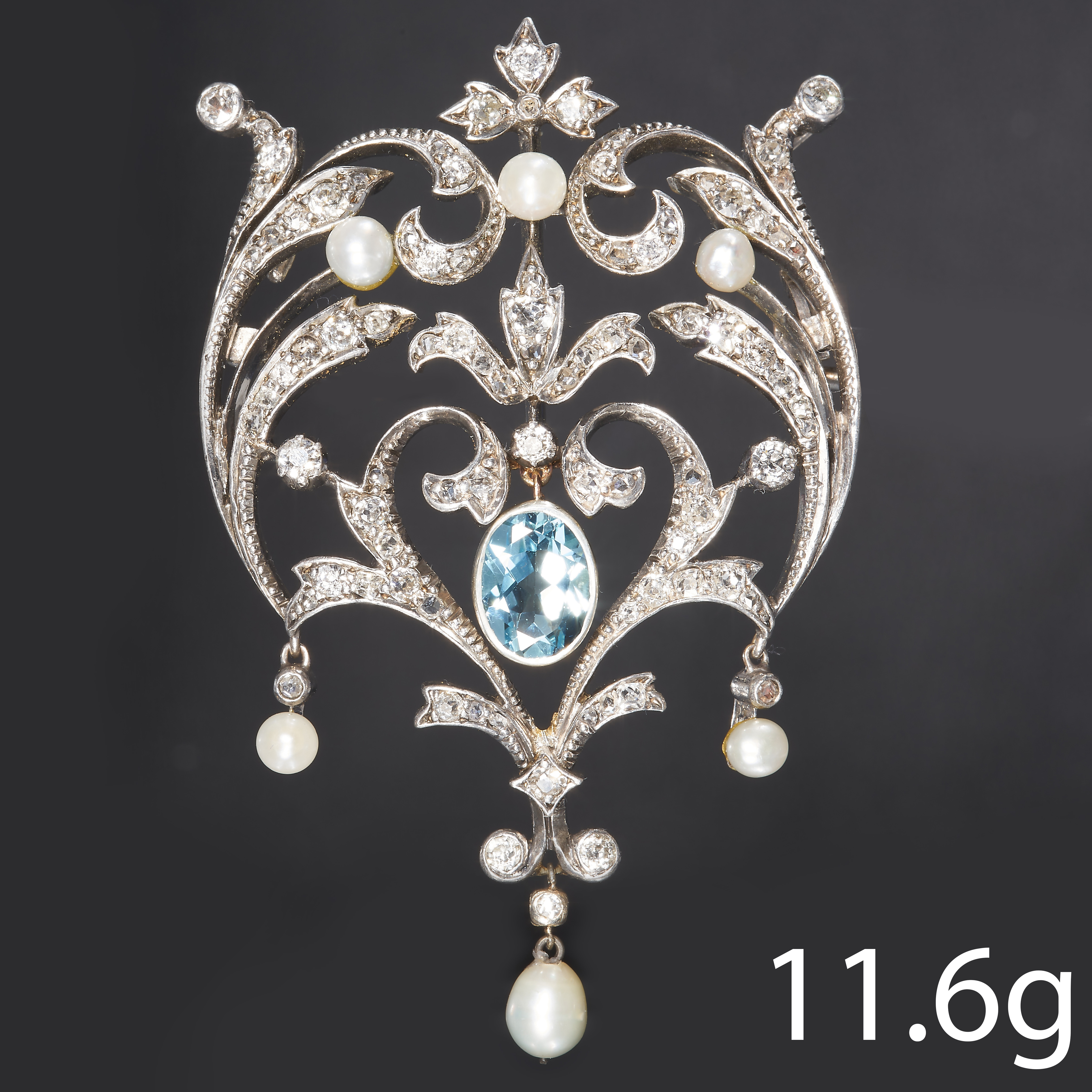 VICTORIAN DIAMOND AQUAMARINE AND PEARL BROOCH