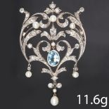 VICTORIAN DIAMOND AQUAMARINE AND PEARL BROOCH