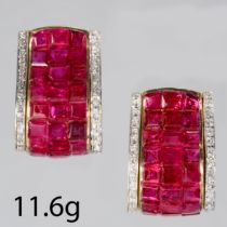 FINE PAIR OF INVISIBLE/MYSTERY SET RUBY AND DIAMOND EARRINGS