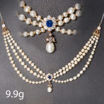 ANTIQUE CERTIFICATED NATURAL SALTWATER PEARL SAPPHIRE AND DIAMOND NECKLACE