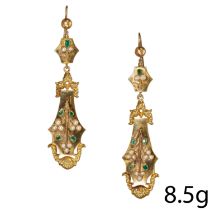 UNUSUAL PAIR OF VICTORIAN EMERALD AND PEARL DROP EARRINGS