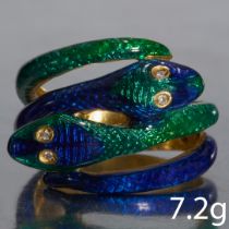 UNUSUAL ENAMEL AND DIAMOND DOUBLE SNAKE RING