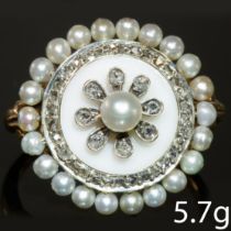 FINE ANTIQUE PEARL DIAMOND AND ENAMEL CLUSTER RING