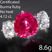 MAGNIFICENT AND IMPORTANT CERTIFICATED ANTIQUE 4.12 CT. BURMA 'MOGOK' NO HEAT AND DIAMOND 3-STONE RI