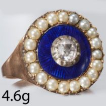 ANTIQUE DIAMOND ENAMEL AND PEARL CLUSTER RING