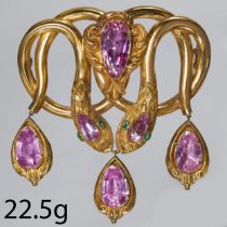 IMPORTANT AND MAGNIFICENT ANTIQUE SNAKE PINK TOPAZ DROP BROOCH