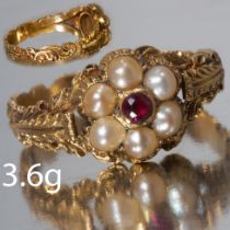 ANTIQUE RUBY AND PEARL CLUSTER RING