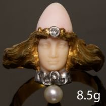 VERY FINE AND RARE ART-NOUVEAU CONCH PEARL, CORAL AND PEARL RING