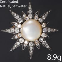 VICTORIAN CERTIFICATED NATURAL PEARL AND DIAMOND STAR BROOCH/PENDANT