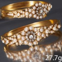 IMPRESSIVE ANTIQUE VICTORIAN PEARL AND DIAMOND SET HINGED BANGLE