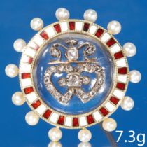 ANTIQUE ENAMEL, PEARL, DIAMOND AND ROCK CRYSTAL BROOCH