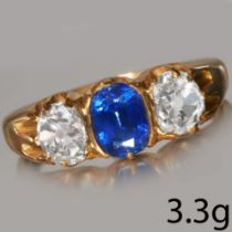 SAPPHIRE AND DIAMOND 3-STONE RING,