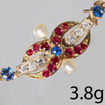 BELLE EPOQUE SAPPHIRE RUBY DIAMOND AND PEARL CRESCENT GOLD BROOCH