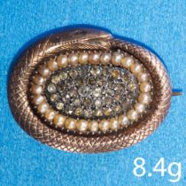 ANTIQUE PEARL AND PASTE OUROBOROS SNAKE GOLD BROOCH,