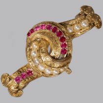 VICTORIAN RUBY AND PEARL BROOCH.