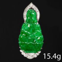 FINE JADE AND DIAMOND CARVED BUDDHA PENDANT