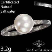 RARE CERTIFICATED VAN CLEEF & ARPELS, CERTIFICATED NATURAL SALTWATER PEARL AND DIAMOND RING,