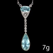 FINE ART-DECO AQUAMARINE AND DIAMOND PENDANT NECKLACE