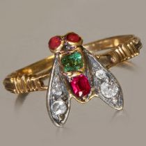 VICTORIAN RUBY EMERALD AND DIAMOND FLY RING