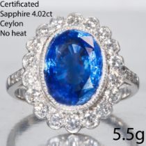 CERTIFICATED CEYLON NO HEAT SAPPHIRE AND DIAMOND CLUSTER RING