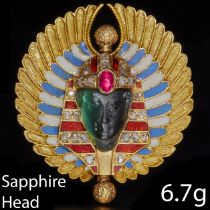 CARL BACHER, (attributed to). RARE AND FINE ANTIQUE DIAMOND RUBY AND ENAMEL EGYPTIAN PHARAOH BROOCH