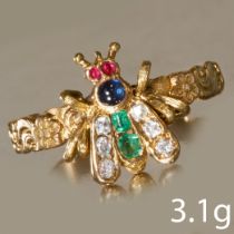 ANTIQUE RUBY SAPPHIRE EMERALD AND DIAMOND FLY RING