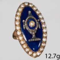 ANTIQUE PEARL DIAMOND AND ENAMEL RING