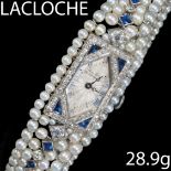 LACLOCHE,RARE BELLE EPOQUE PEARL, SAPPHIRE AND DIAMOND LADIES WRIST WATCH