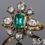 ANTIQUE EMERALD AND DIAMOND CLUSTER RING