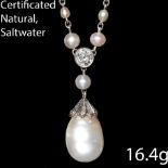 IMPORTANT AND MAGNIFICENT EDWARDIAN CERTIFICATED LARGE NATURAL SALTWATER PEARL AND DIAMOND NECKLACE