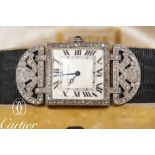 CARTIER, ART DECO LADIES WRISTWATCH WITH DIAMOND SET CASE AND CROWN