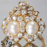 ANTIQUE PEARL AND DIAMOND DOUBLE HEART RING