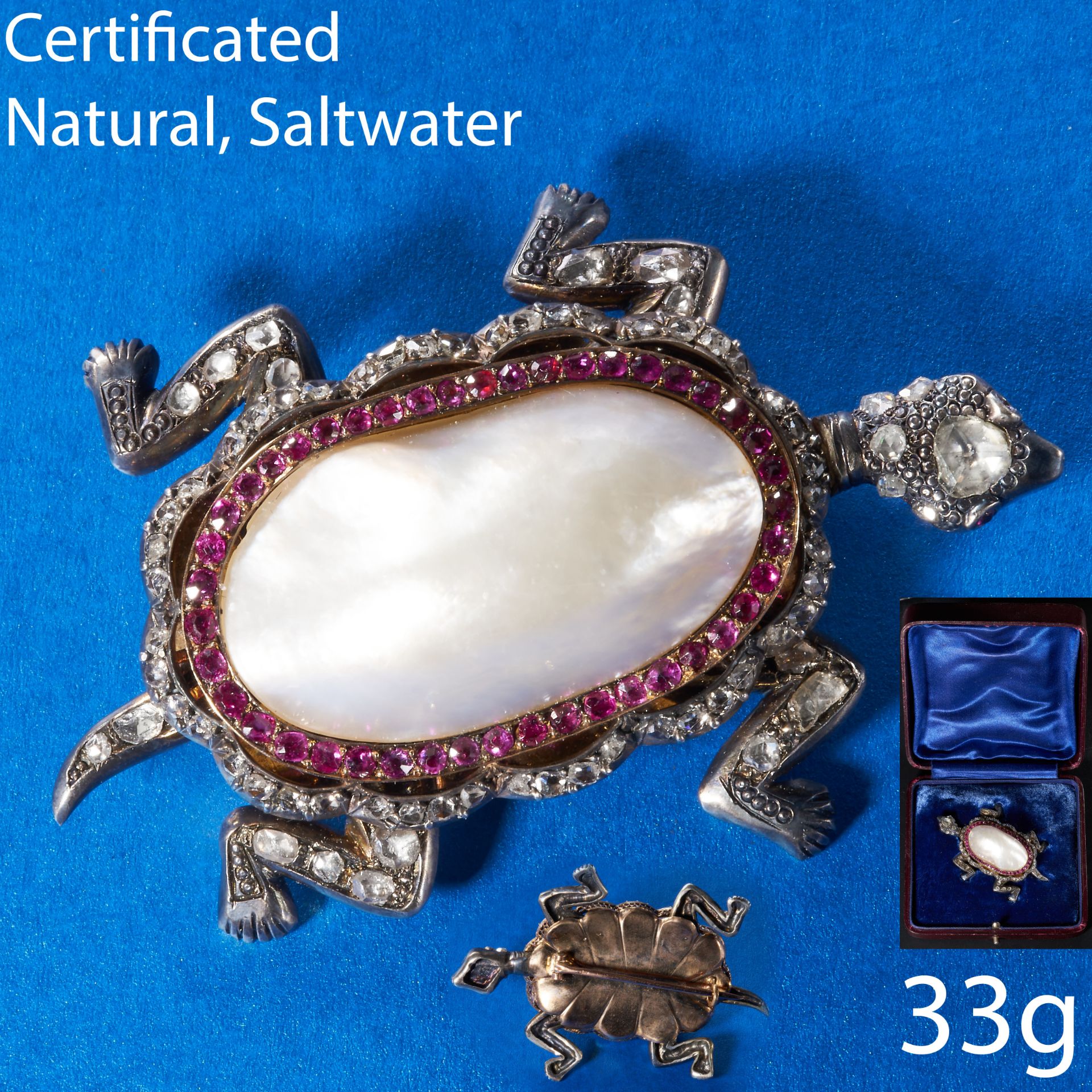 MAGNIFICENT ANTIQUE CERTIFICATED PEARL DIAMOND AND RUBY TURTLE BROOCH