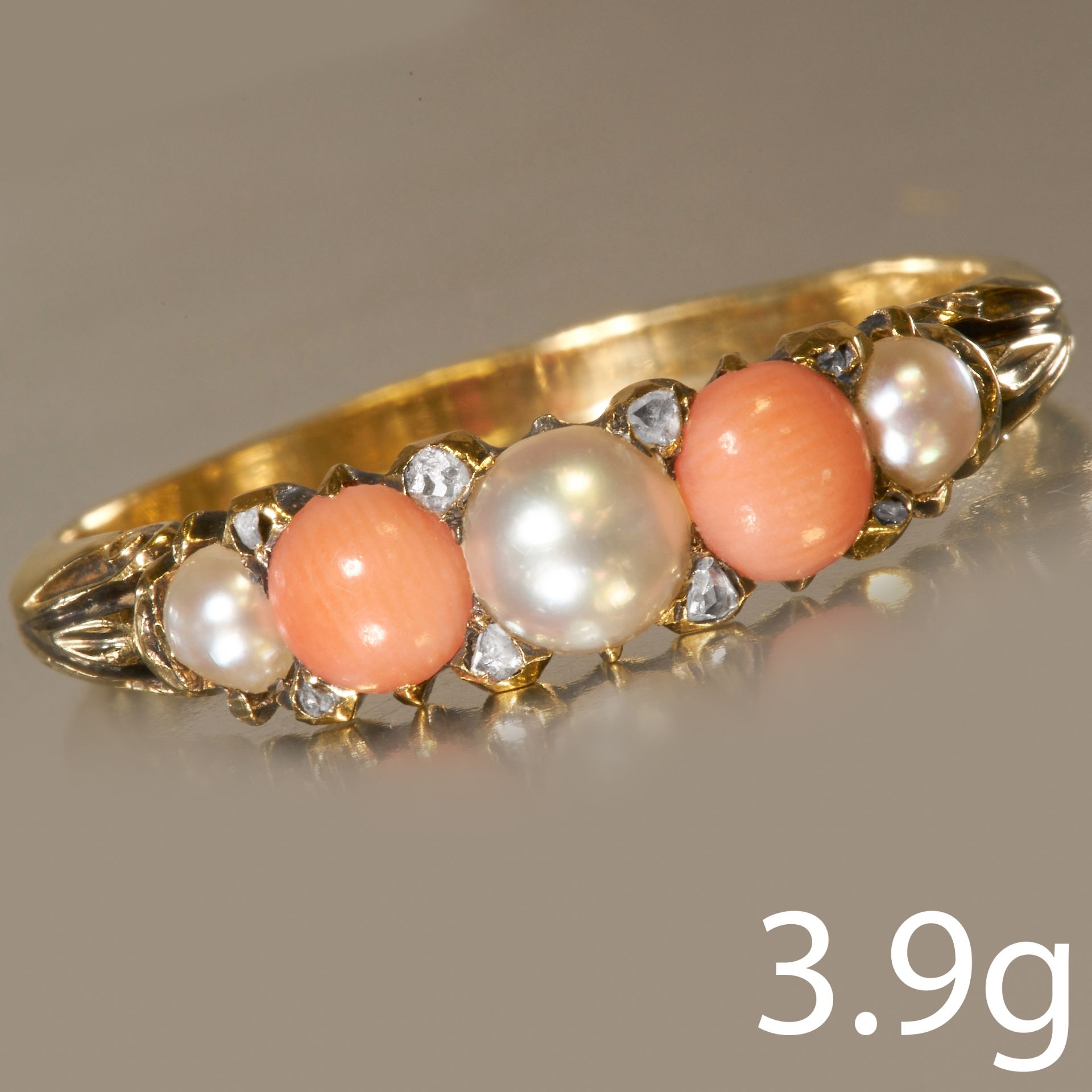 ANTIQUE VICTORIAN CORAL PEARL AND DIAMOND 5-STONE RING