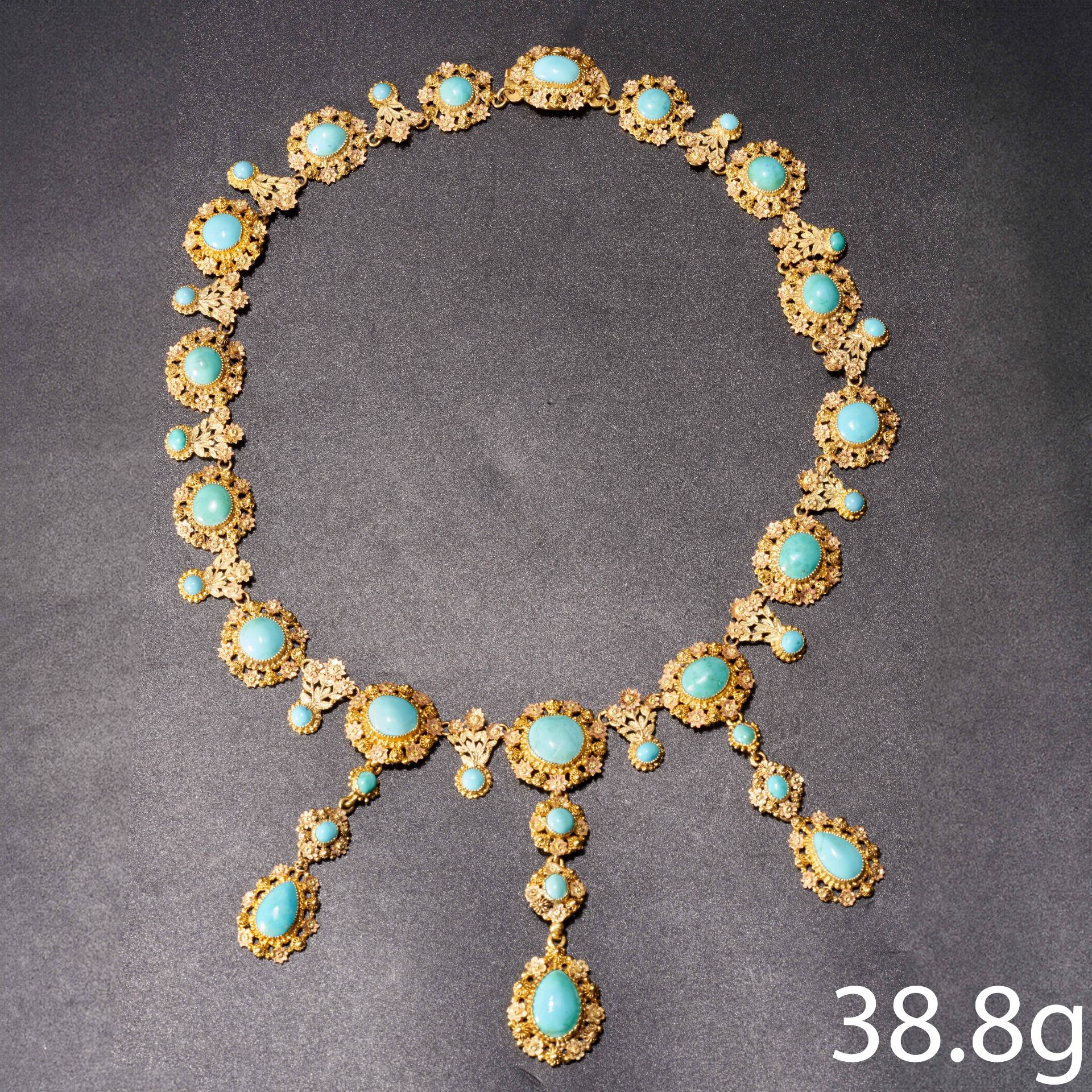 FINE ANTIQUE BI-COLOUR GOLD TURQUOISE NECKLACE - Image 2 of 2