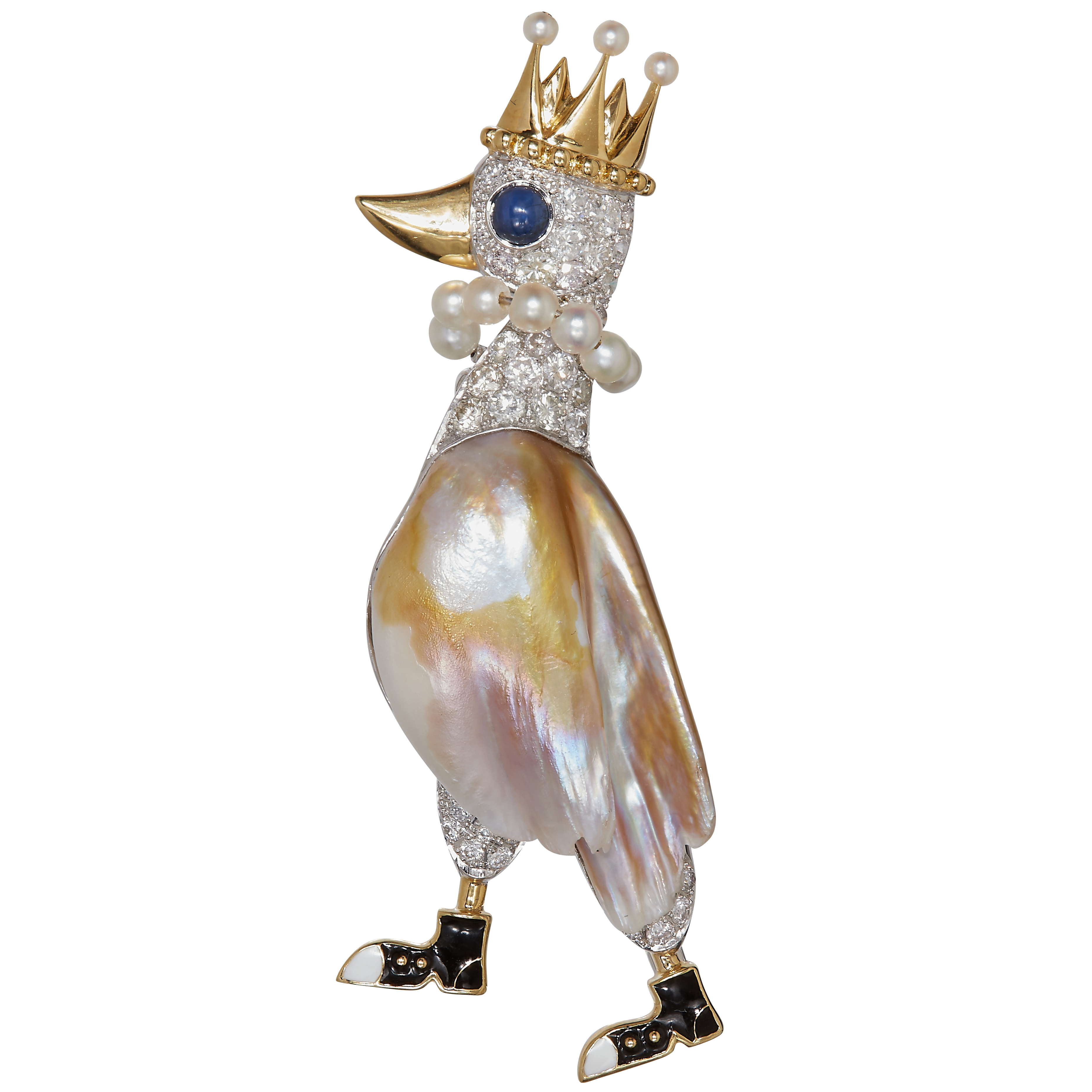 RETRO CERTIFICATED NATURAL PEARL, DIAMOND AND SAPPHIRE DUCK BROOCH