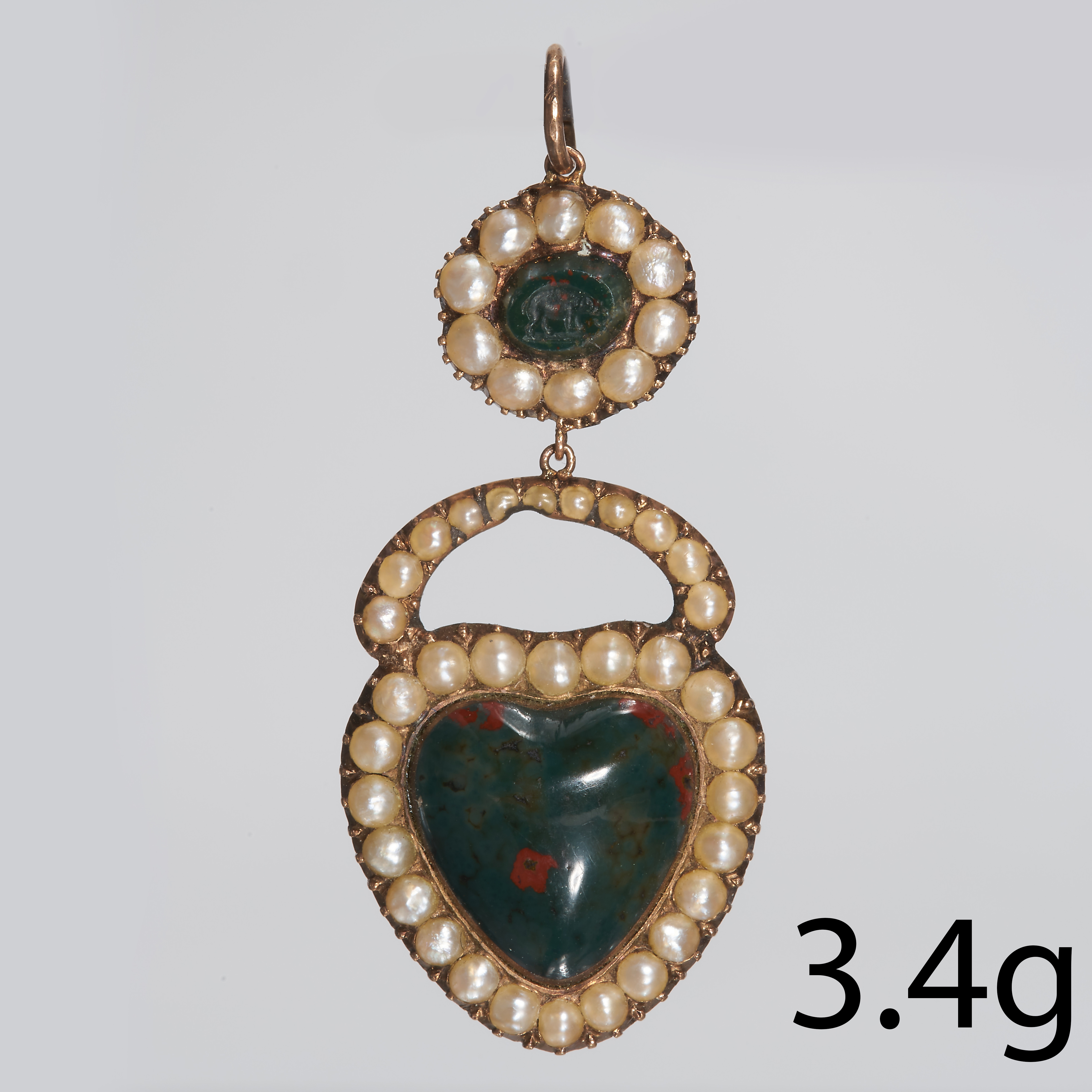 GEORGIAN BLOODSTONE AND PEARL PADLOCK GOLD CHARM