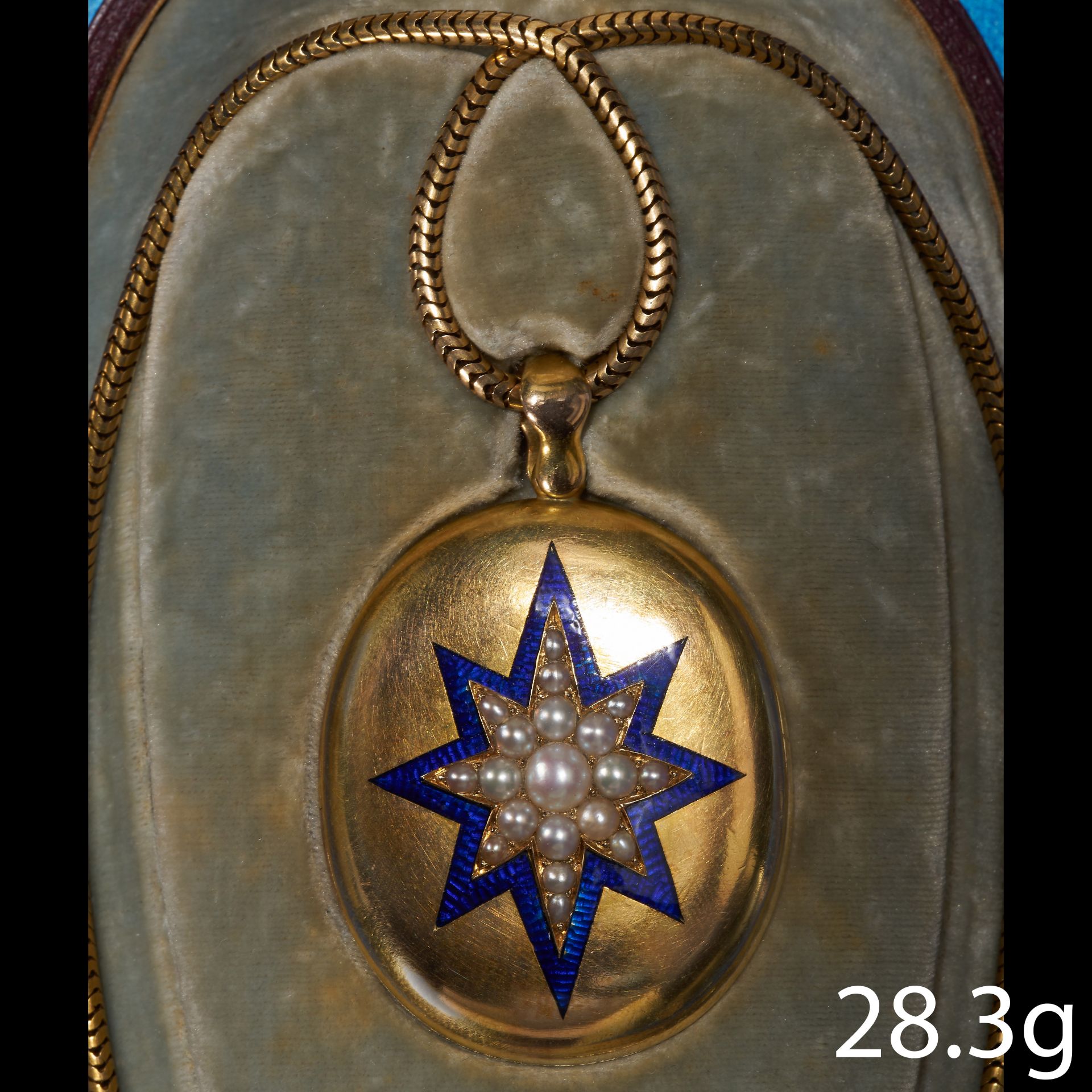 VICTORIAN ENAMEL AND PEARL LOCKET PENDANT ON CHAIN