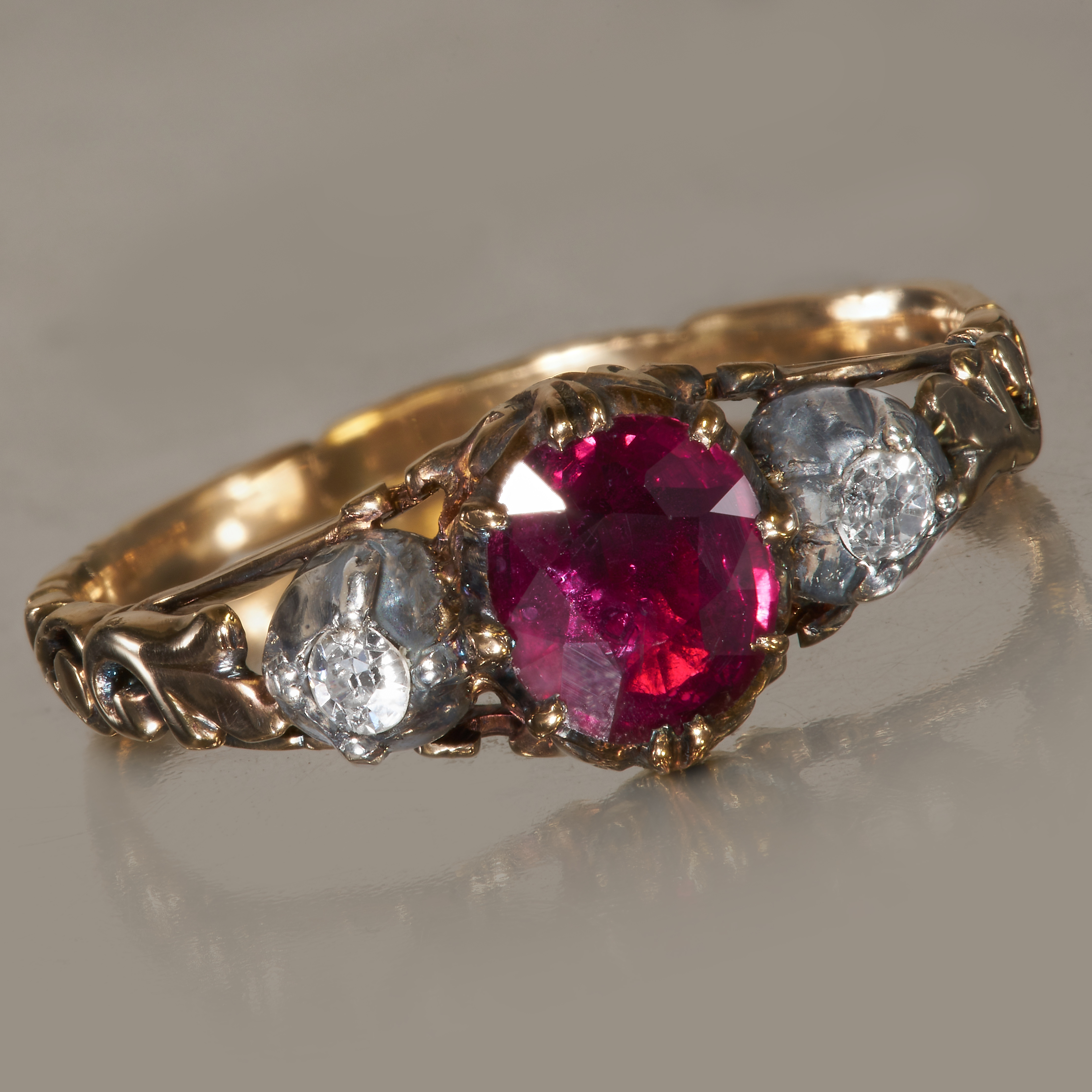 ANTIQUE RUBY AND DIAMOND THREE STONE RING