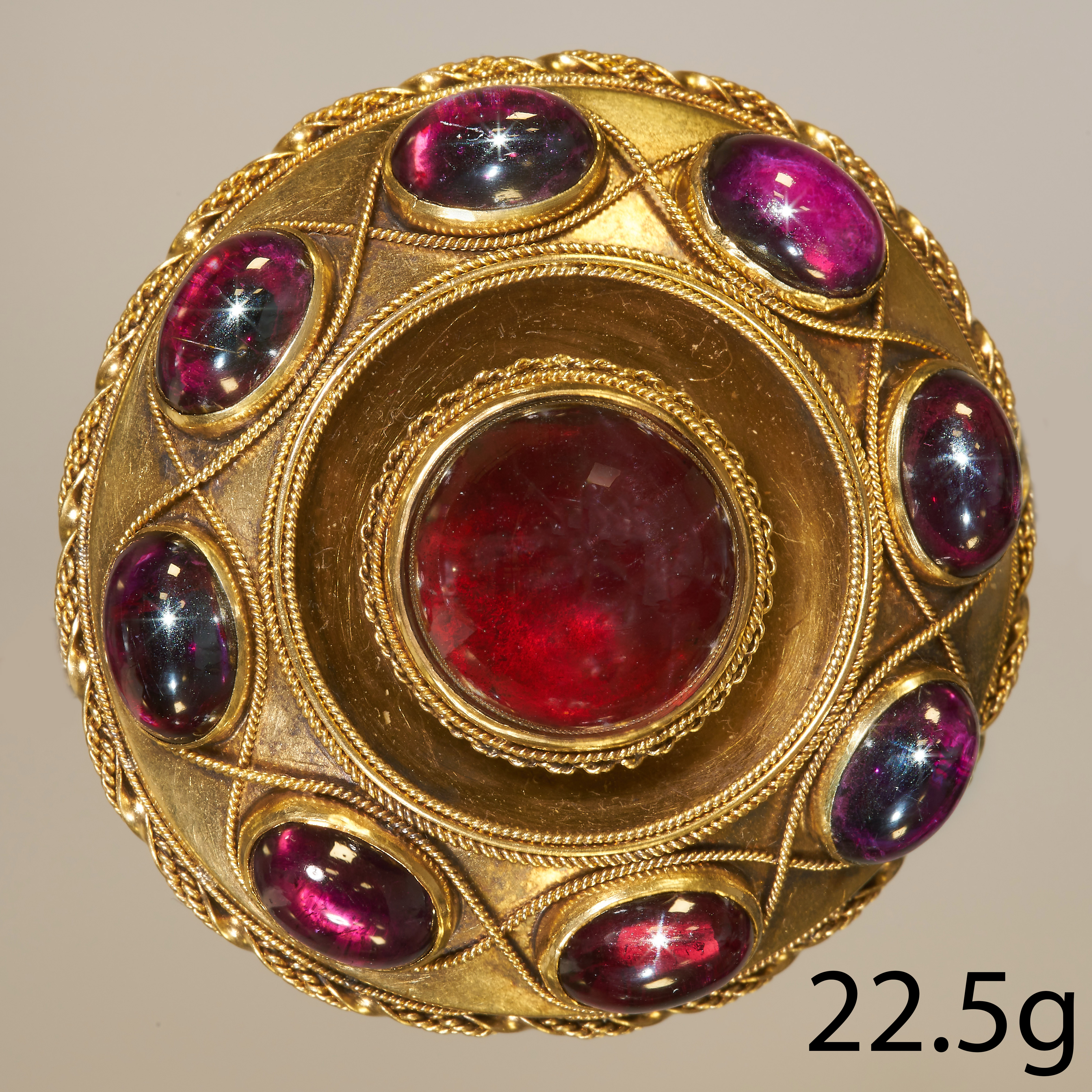 ANTIQUE ETRUSCAN REVIVAL CABOCHON GARNET BROOCH