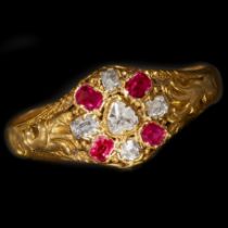 ANTIQUE RUBY AND DIAMOND CLUSTER RING