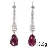 FINE PAIR OF ART-DECO RUBY AND DIAMOND DROP EARRINGS