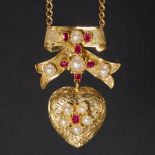 VICTORIAN GOLD PEARL AND RUBY HEART LOCKET PENDANT NECKLACE